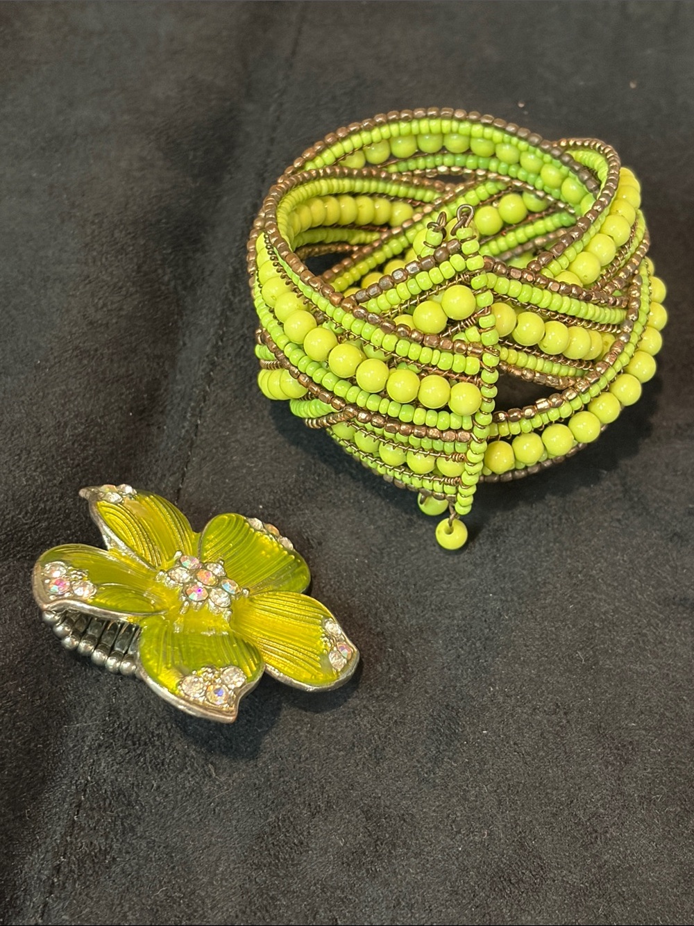 Lime Green Beaded Wrap Bracelet and Floral Ring Set - Picture 2 of 4